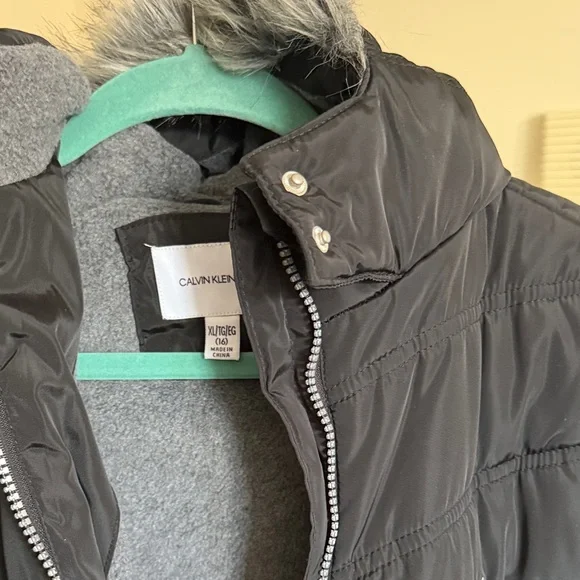 Calvin Klein Kids Black Puffer Coat with Fur Hood - Picture 14 of 16